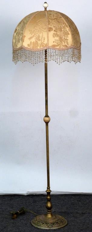 Art Deco Gilt Metal Floor Lamp: Pierced base, textured support with alabaster font, brocade fabric dome shade. 63 H.