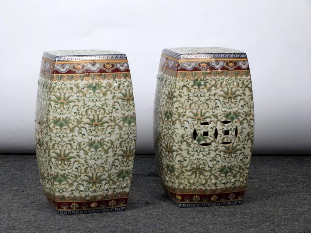 Pair of Chinese Famille Verte Garden Stools: Porcelain, decorated with enamels. 12 square X 19 H. (320 Central Park West Estate)