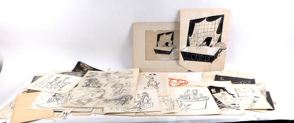 Portfolio of Works on Paper: Drawings, illustrations, greeting cards, etc.; many signed Muriel Jacobs. Largest: 22 H X 14 1/2 W.