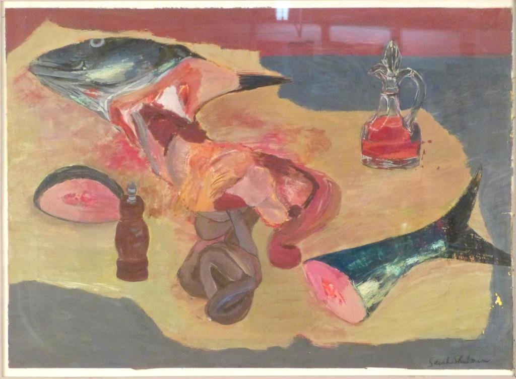 Sarah Shulman - Gouache on Paper: Still life, with fish head, signed lower right mounted on board. 21 H X 28 1/2 W (27 X 35).