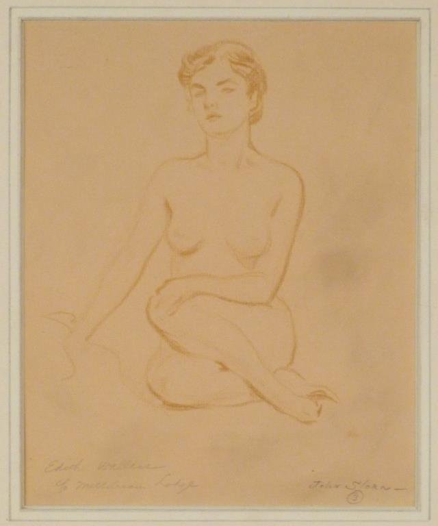 Signed John Sloan - Crayon on Laid Paper: Seated nude, signed lower right, inscribed Edith Wallace c/o Millstream Lodge. 101/2 H X 81/2 W. (163/4 X 143/4)