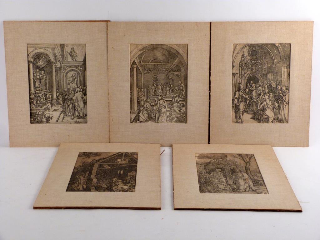 Albrecht Durer (German, 1471-1528)- 5 Woodcuts: From The Life of the Virgin, on thin cream wove paper laid down on on heavy cream paper. Sheets: 11 1/2 H X 8 1/2 W. As is.