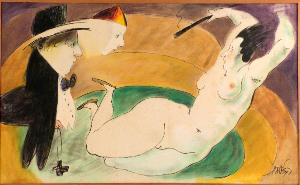 Benjamin Canas Herrera (El Salvadorian, 1933-1987): Two men peering at odalisque, oil on canvas, signed lower right. 22 H X 36 W.