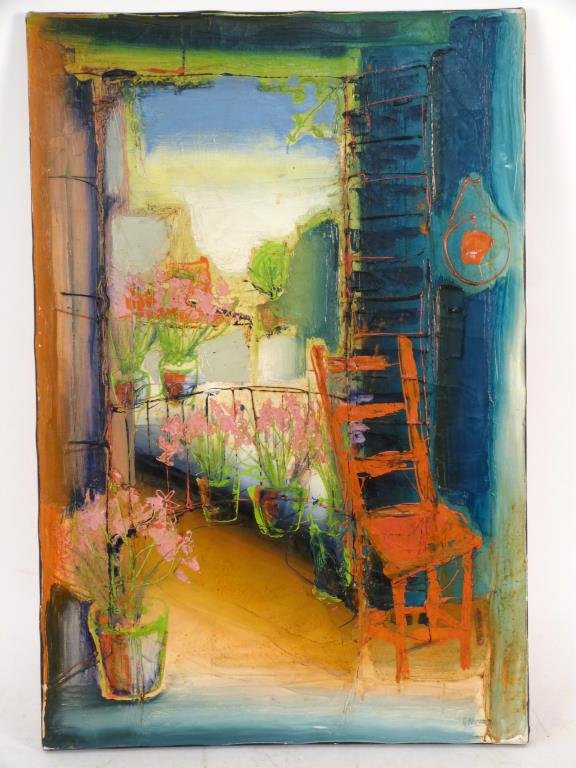 Gustavo Novoa (Chilean b. 1940) - Oil on Canvas: Mediterranean Window view over veranda with chair and plants. Signed and dated 1965 on verso. Wally Findlay Artist. 30 X 20. Unframed.
