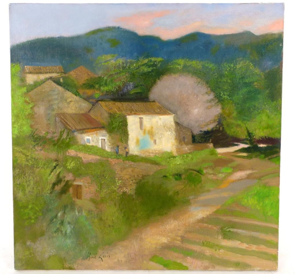Rene Genis (1922 - 2004) - Oil on Canvas: Vieilles maisons dans le Luberon. Landscape with house. Signed. Unframed. 24 X 24. Wally Findlay Artist.