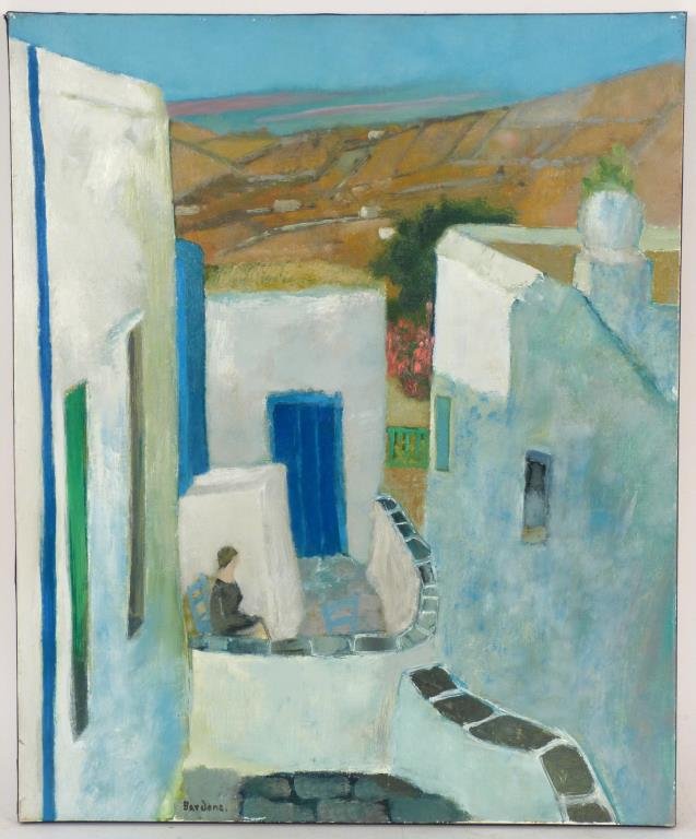 Guy Bardone (French, b. 1927) - Oil on Canvas: La dame dans l'ombre. Man sitting on Mediterranean veranda. Signed. 29 X 24. Wally Findlay Artist. Unframed.