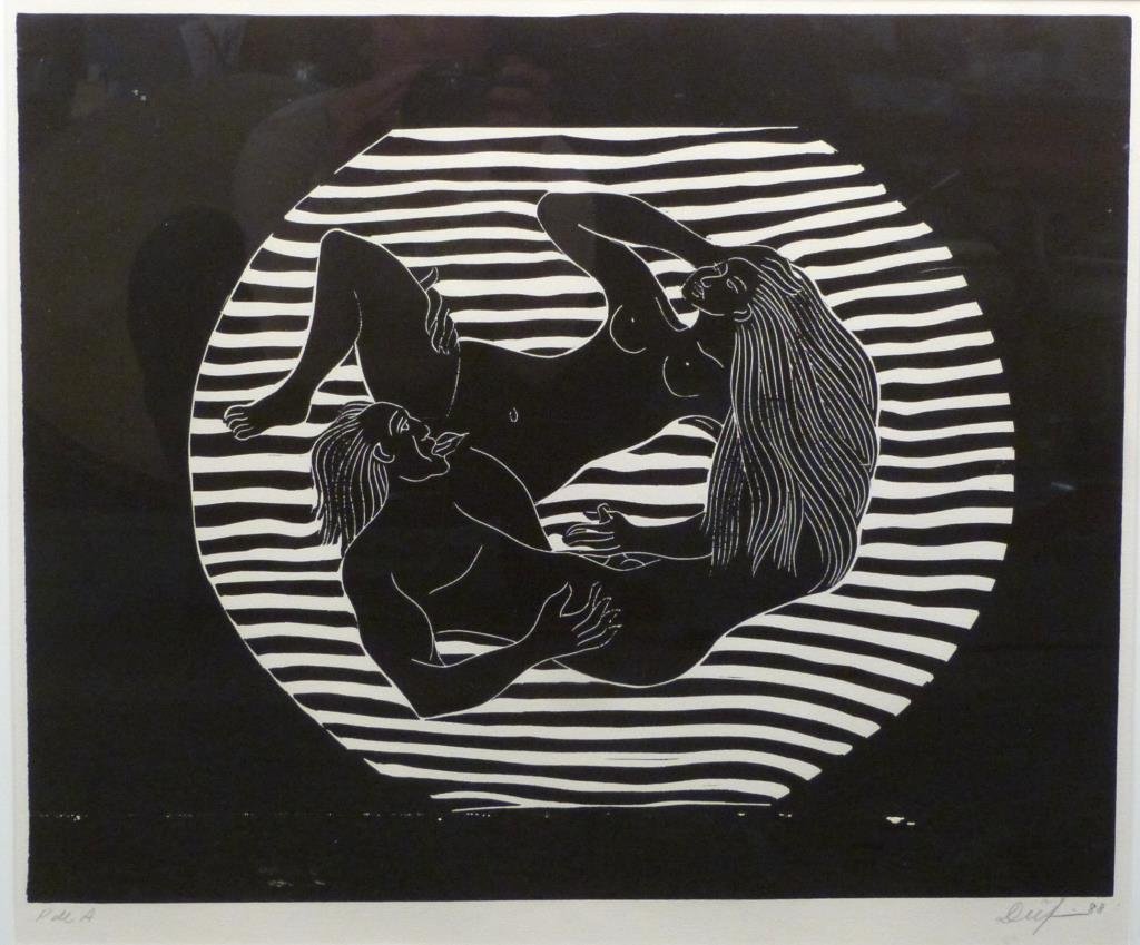 Victor Delfin (Peruvian, b. 1927) - Linocut: Couple, signed and dated 88 lower right, artist's proof. 17 1/2 H X 22 W (24 X 30). Print appears pristine, some material on surface of plexiglass cover.
