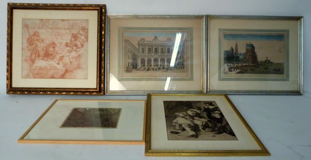 5 Assorted Works on Paper: Including 2 French architectural prints,1 titled House of Lords,i figure playing violin and 1 drawing. Largest: 14 1/2 H X 16 W. Frame: 22 X 24.