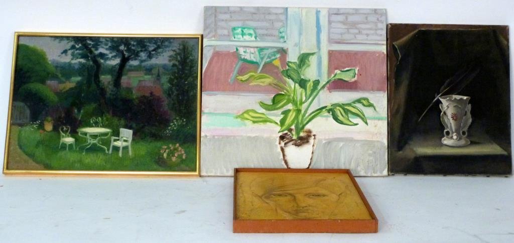 4 Oil Paintings on Canvas: 1 signed Claire Abel, lower left. 1 signed Ruffnerz, 2/0/62 on verso. As is. Largest: 22H X 24W.