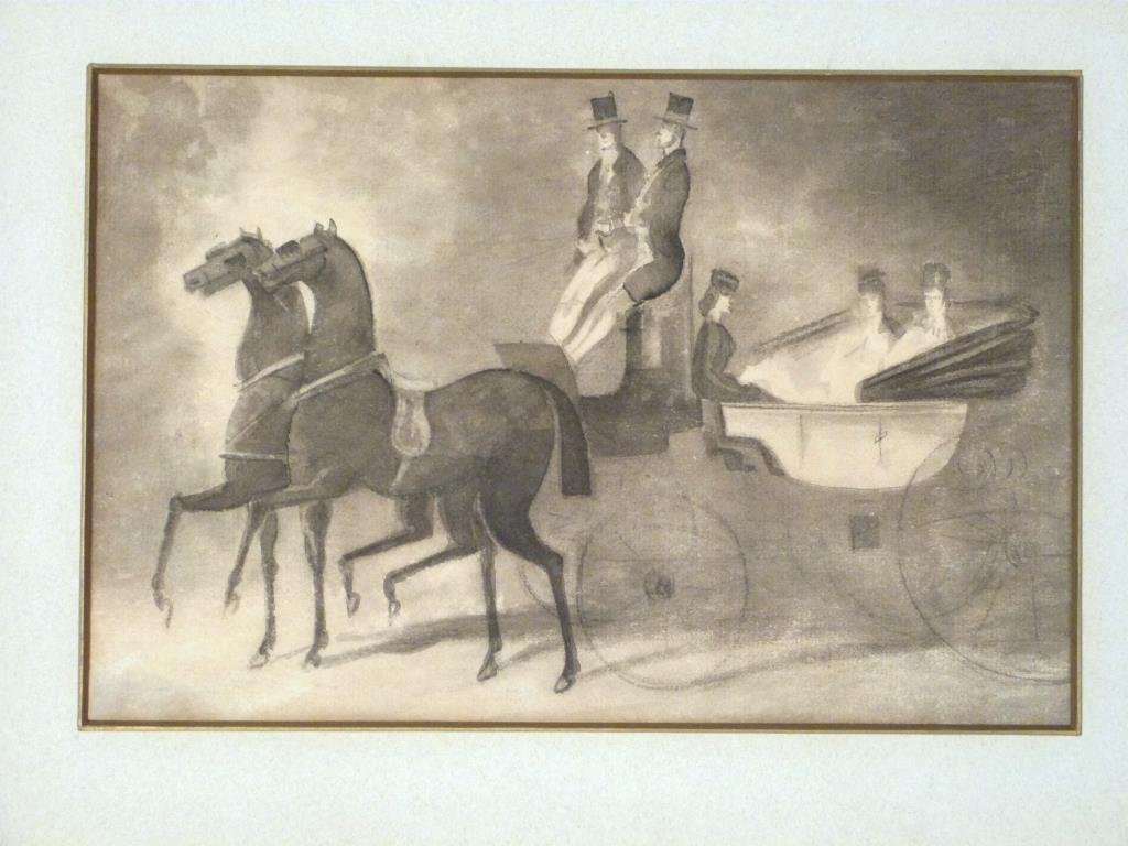 Constantin Guys (Dutch 1805-1892) - Ink Wash: Ink wash with pencil on paper, titled Carriage With Three Women. Unsigned on front. 7 1/2 H X 11 1/2 W. (16 1/2 X 20 1/2)