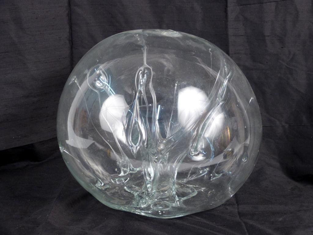 Peter Bramhall Art Glass Sculpture: Orb containing amorphous abstraction. 11 1/2 H X 14 D.