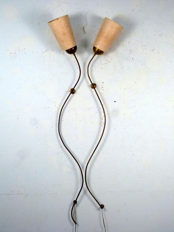 Set of 4 Tall Antkoviak Mid-century Brass Sconces: Serpentine arms, ball fixtures, with paper shades (as is), inscribed Antkoviak and with illegibly signature. 69 H. 1 missing bottom curl. (145 Central Park West Estate)