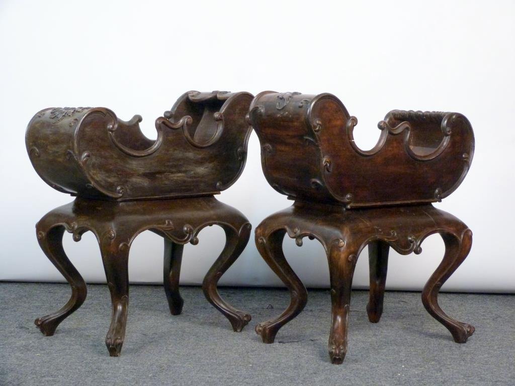 Pair Antique Georgian Carved Wood Jardinieres: Sleigh form tops, sculpted and carved bases. As is tin liners. 27 W X 15 D X 28 1/2 H. As is.