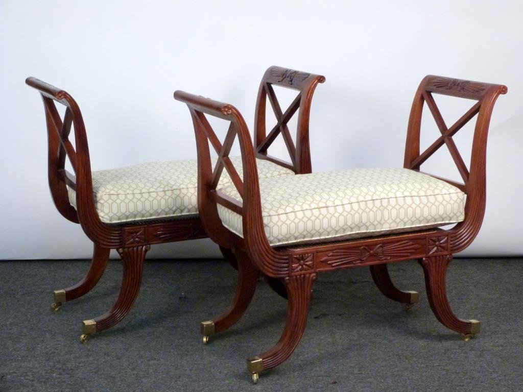 Pair of Regency Style Window Benches: Lyre form with fluted sides and cane seats with upholstered cushions. 42 W X 17 1/2 D X 36 H.