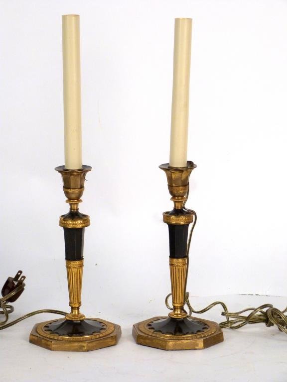 Pair of 19th Century Empire Candlestick Lamps: Ormolu and patinated bronze, candlestick forms. 17 H. (From an East Side Townhouse)