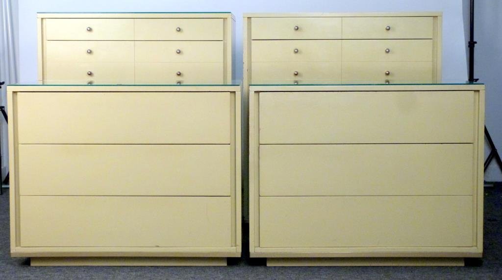 4 Piece John Stuart Bedroom Set: Lacquered wood, with brass trim, 3 with glass tops. 3 drawer chests: 36 W X 18 D X 29 H; 5 drawer chests: 36 W X 18 D X 41 H. Some wear to lacquer.
