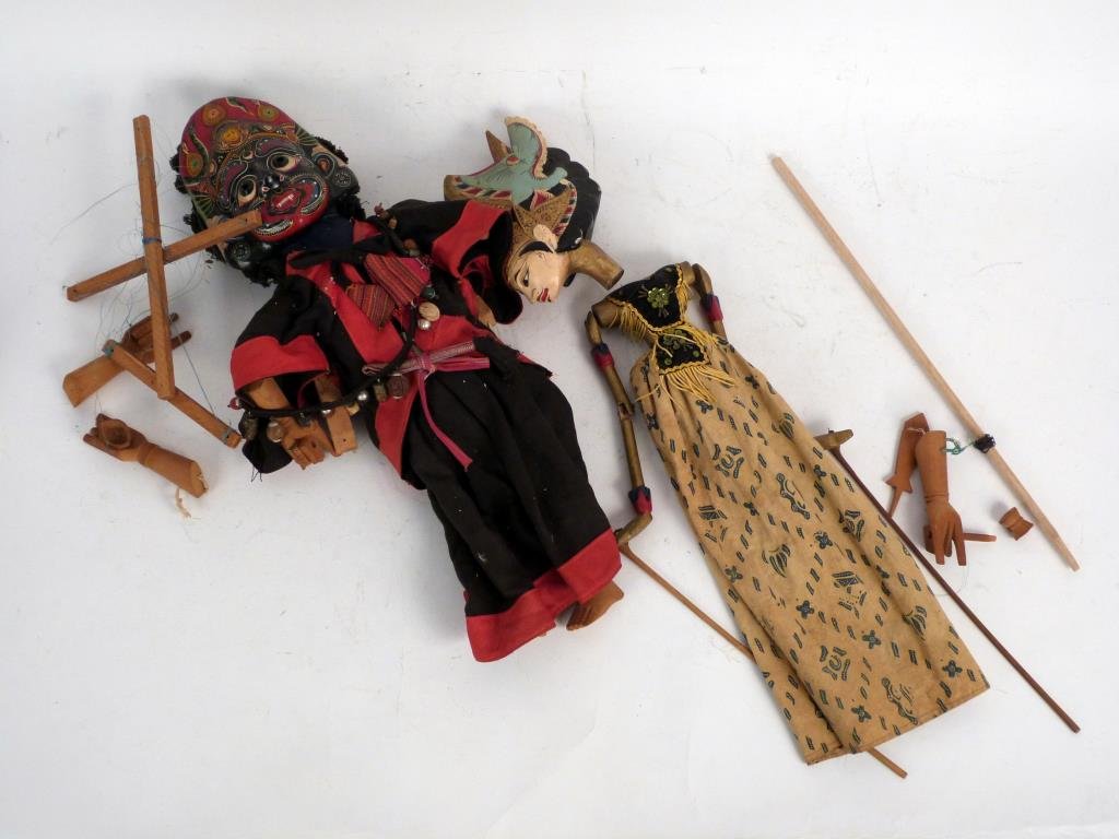 2 Indonesian Puppets: Painted wood, fabric, etc. Larger: 24 H.