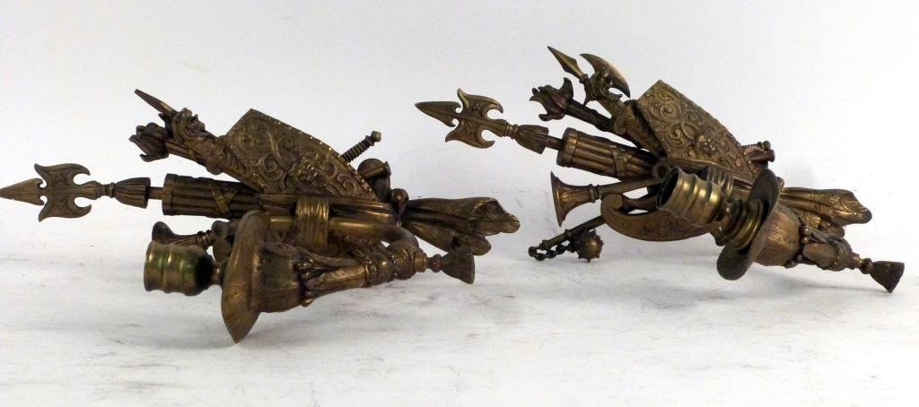 Pair Gilt Bronze Shield & Quiver Sconces: Ornately detailed. 14 1/2 H X 10 1/2 D.