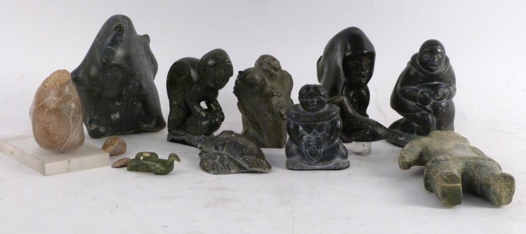 11 Inuit Carvings: Soapstone and hardstone figures and animals. Tallest: 10 H. As Is.