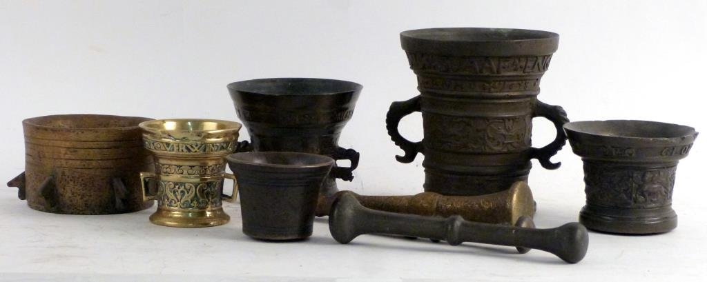 Metal Mortar and Pestles: 6 mortars, 3 pestles. Tallest: 7 H.