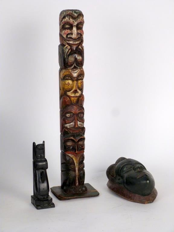 3 Ethnographic Articles: Hard stone and carved wood, Northwest coast and African. Tall totem: 18 1/2 H.