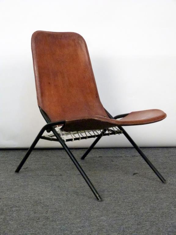 Mid-Century Style Folding Campaign Chair: Leather and rope on ebonized metal frame. 20 W X 32" D X 31" H."