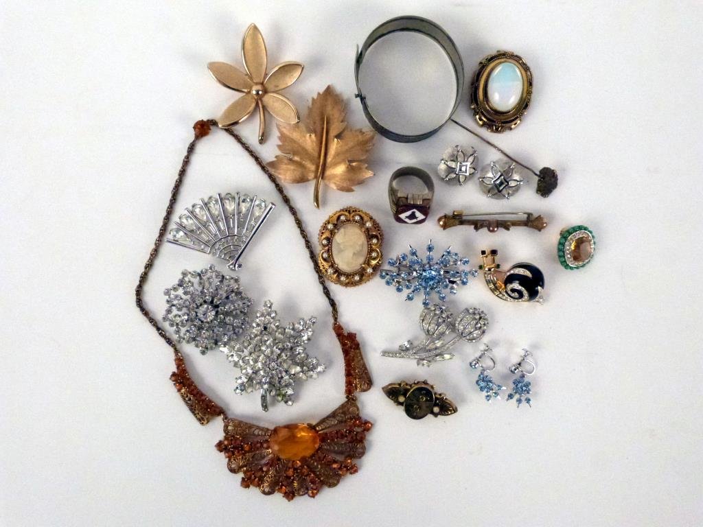 Assorted Costume Jewelry: Rhinestones, etc., brands including Trifari, Original by Robert, and Florenza.