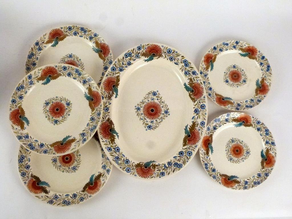 Copeland & Sons Partial Dinner Service: Stone Upon Rent, 6 pieces. Oblong tray: 15 1/2 D. 1 small plate chipped, 1 with hairline, knife wear throughout. (From an East 79th Street Estate)"