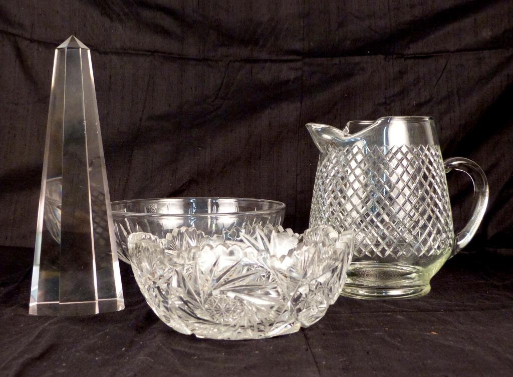 4 Cut & Pressed Glass Articles: Bowls, pitcher, obelisk (11 1/2 H, chip to base)."