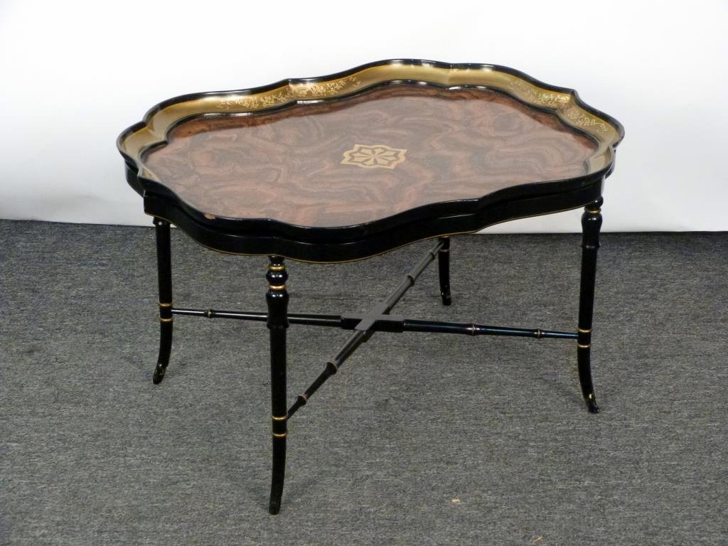 Victorian Style Tray Top Table: Marked B. Walton & Co., paper mache tray with faux finish, ebonized faux bamboo legs. 32 W X 24" D X 19 1/2" H. Some wear. (From an East 79th Street Estate)"