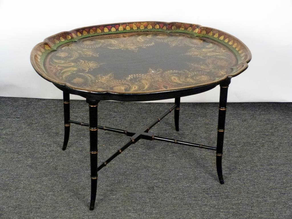 Victorian Style Tray Top Cocktail Table: Paisley style decorated paper mache top with raised lip, ebonized faux bamboo legs. 31 W X 25 1/4" D X 19 1/2" H. (From an East 79th Street Estate)"