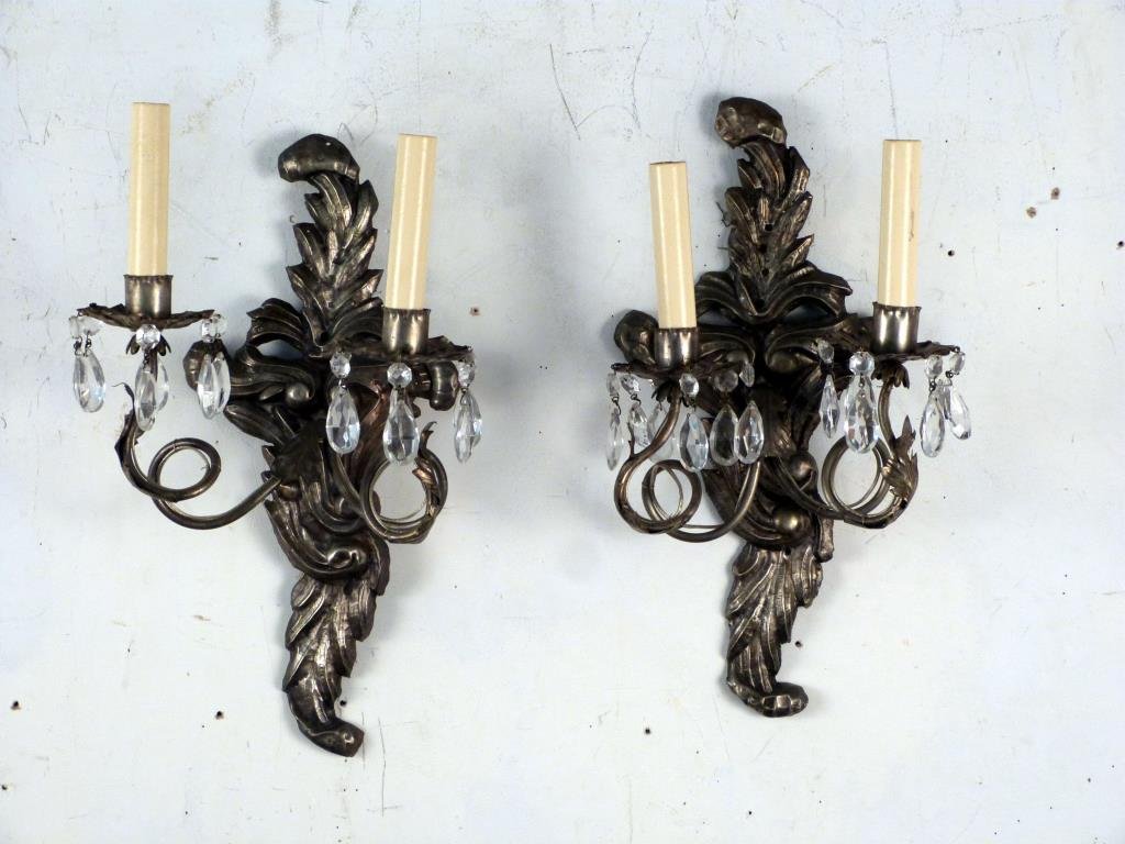 Pair Repousse Tole Sconces: 2 lights each, with facetted crystal drops. 15 1/4 H."