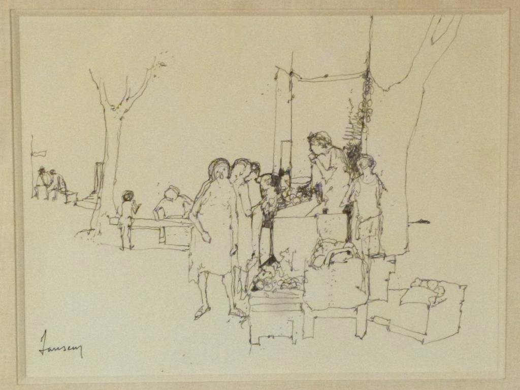 Jean JANSEM (1920-2013) - India Ink on Paper: Figures in a market setting. Signed lower left. 9 X 12" (16" X 18"). (From an East 79th Street Estate)"