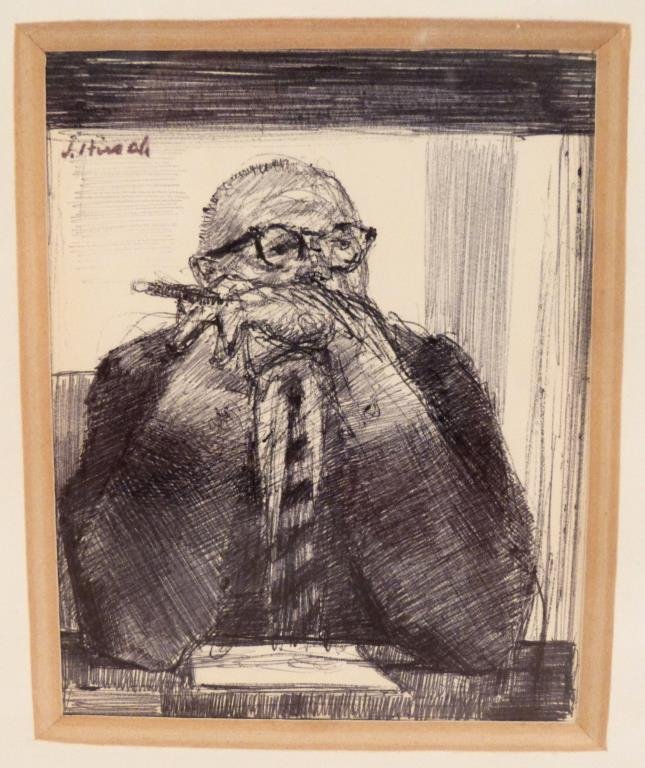 Joseph Hirsch (American 1910-1981) - Ink on Paper: Ink on Paper. Man with Cigar". Signed upper left. Labels: Forum Gallery; Kendall Art Gallery. 3.75" X 3" (11" X 10"). (Direct from Hirsch Estate)"