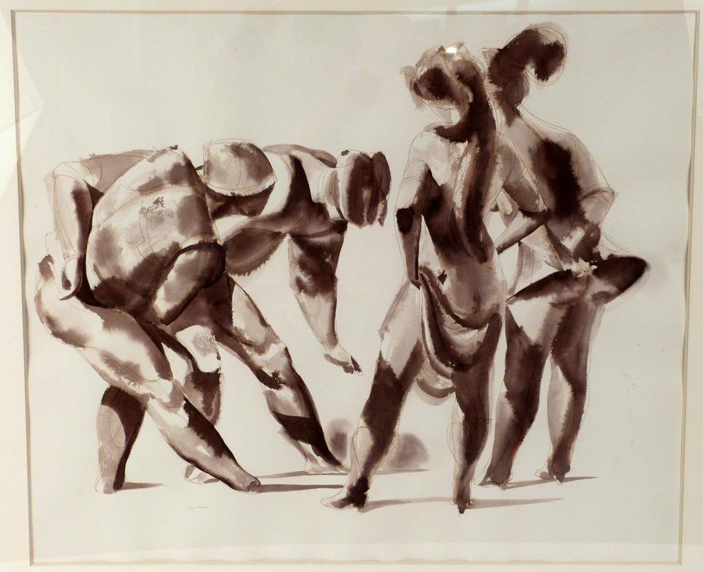 Joseph Hirsch (American 1910-1981) - Mixed Media: Wash, pen & ink. Two with Two". 4 figures. Circa 1978. Signed lower left, artist label on verso. 26" X 31" (36" X 41"). (Direct from Hirsch Estate)"