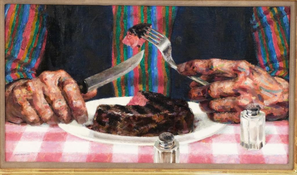 Joseph Hirsch (American 1910-1981) - Oil on Canvas: Oil on canvas. Filet Mignon". Signed lower left. Gallery labels on verso. 12.5" X 22.5" (18.5" X 28.5"). (Direct from Hirsch Estate)"