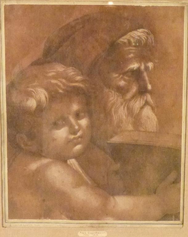 Franz Riepenhausen (1786-1831) - Work on Paper: Work on paper laid on paper. Man and child with book. Signed lower middle. Pencil notations P.M. 18 X 15" (26" X 23"). (Property of a Mamaroneck NY Private Collector)"
