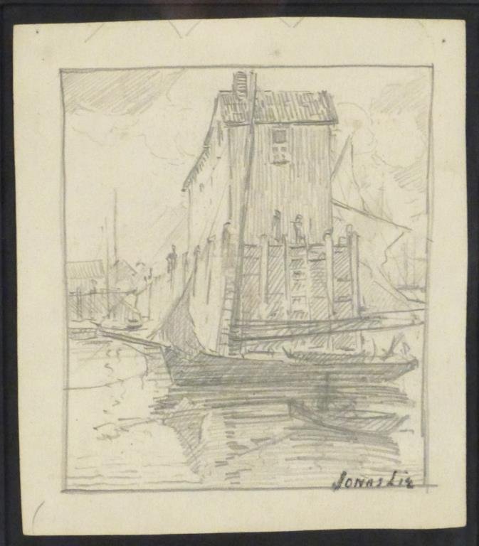 Jonas Lie (Norwegian/American,1880-1940)- Graphite: Sailboat and rowboat at harbor, on paper, signed lower right. 5.75 H X 5" W (11.75" X 10")."