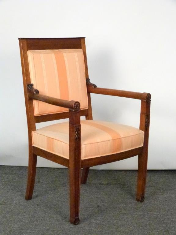 Antique French Empire Style Fauteuil: Carved wood frame with ebonized details, upholstered seat and back. 22 1/2 W X 21" D X 35 1/2" H. (From an East 79th Street Estate)"