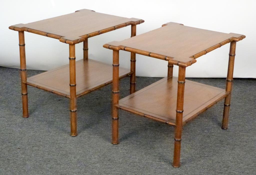 Pair Faux Bamboo Tables: 2 tiers, shaped top tier, line inlayed lower tier. 27 W X 20 1/2" D X 24" H. (From an East 79th Street Estate)"