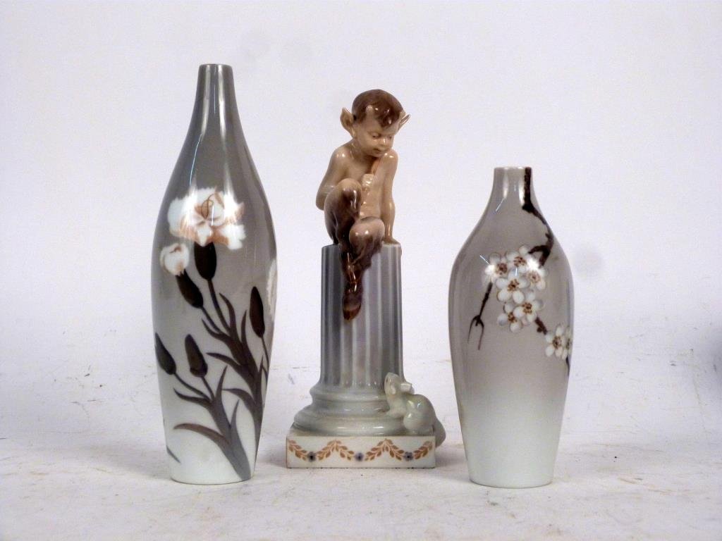 3 Danish Porcelain Articles: 2 Bing & Grondahl vases and 1 Royal Copenhagen figural group. Tallest: 9 H."