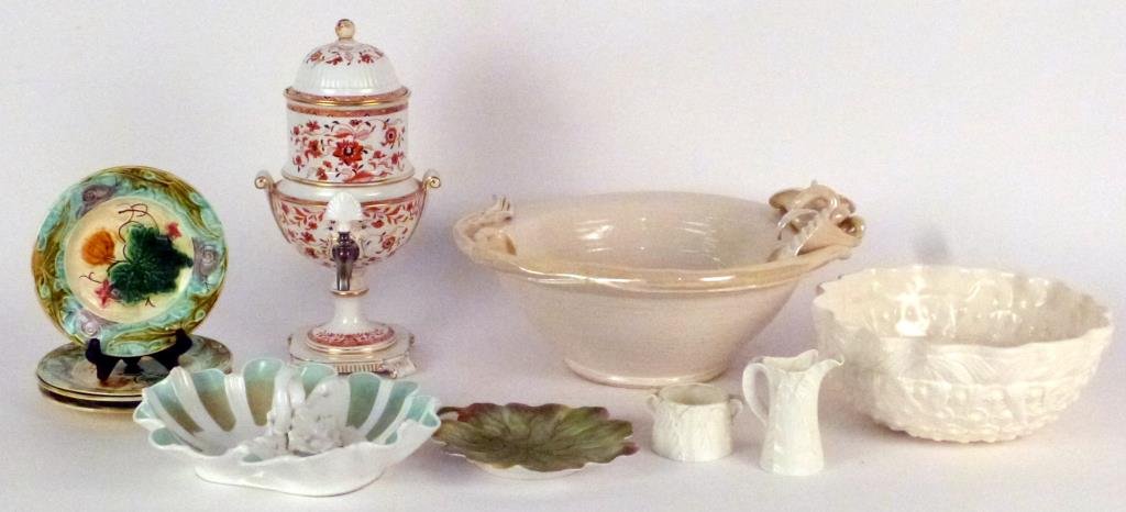 English and French Porcelains and Ceramics: 4 Faience plates, Wedgwood urn (as is), etc. (From an East 79th Street Estate)