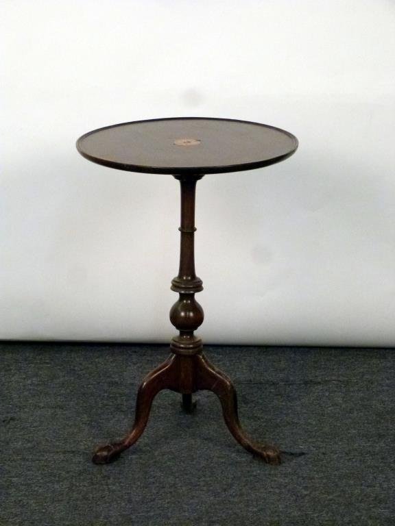 English Style Tilt Top Occasional Table: Galleried top with rosette inlay, on 3 splayed legs with ball and claw feet. 18 D X 26 1/2" H. Finish as is."