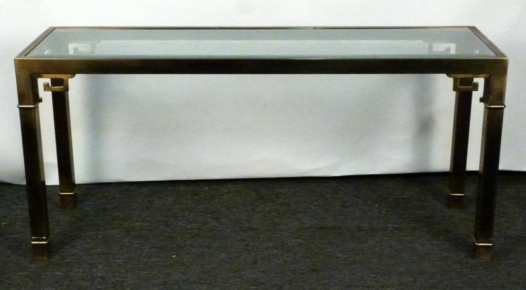 Mid-Century Mastercraft Brass Console: Asian styling with inset beveled glass top (as is). 60W X 18"D X 27 1/2"H"