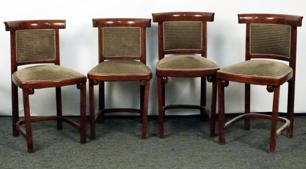 After Josef and Jacob Kohn Hoffman Chairs: Two pair, 1 pair slightly taller. U" shaped stretcher. Smaller with ball front, taller with ball front and back supports. 16"W X 19"D X 32"H"