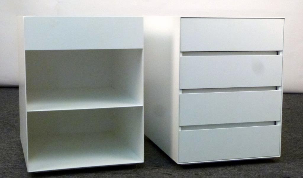 Modern Lacquered Steel File Cabinet & Shelf: Clean lines, on casters. 18 W X 24" D X 24 1/2" H. Extremely heavy."