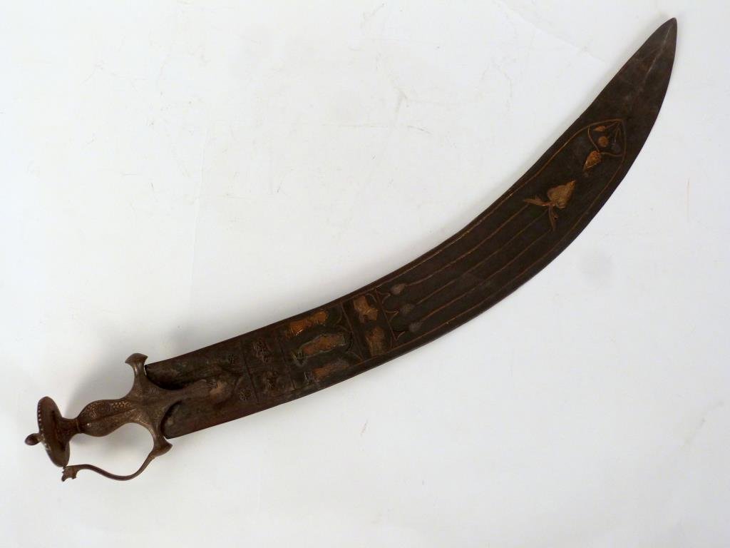 Middle Eastern Style Mixed Metal Sword: Mounted figures on blade. 31 Long. (Property of a Mamaroneck NY Private Collector)"