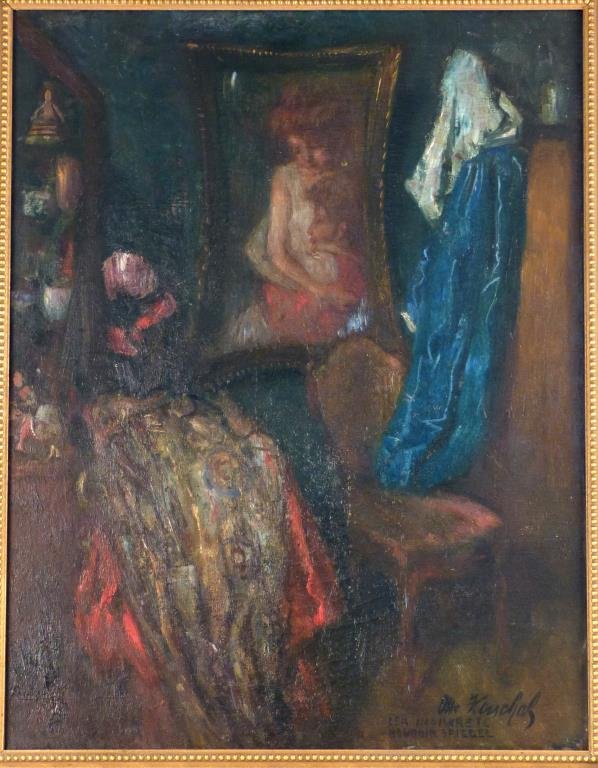 Otto John Herschel (1871-1937) - Oil on Canvas: Interior scene with painting and dress. The Indiscrete Boudoir Spiegel". Signed lower right. 35" H X 27" W (41" X 33")."