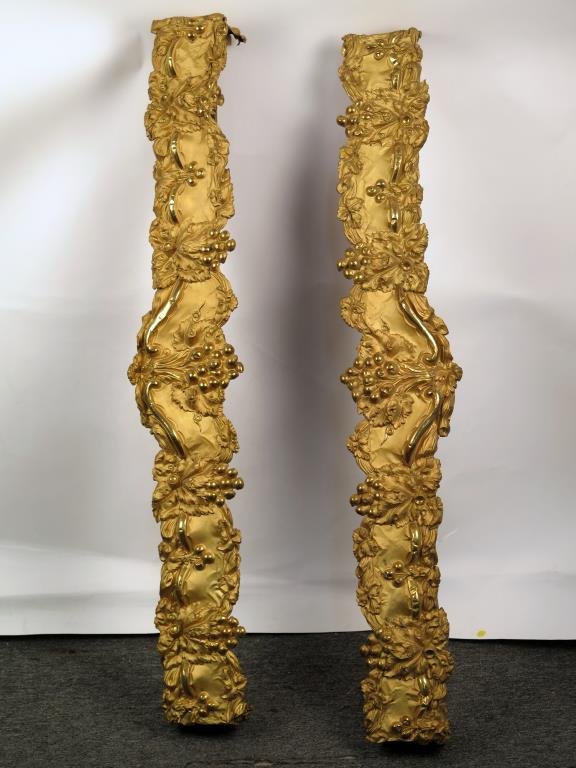 Pair Vintage Repousse Valances: Gilt metal, grape vine motif. 59 W."