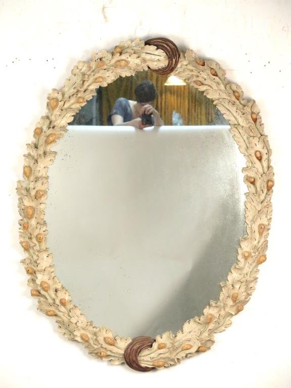 Large Oval French Oak Style Mirror: With distressed painted composite oak leaf and acorn border. 49 H X 38" W."
